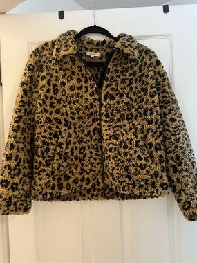 Madewell Leopard Sherpa Bomber Jacket in Tan and Black